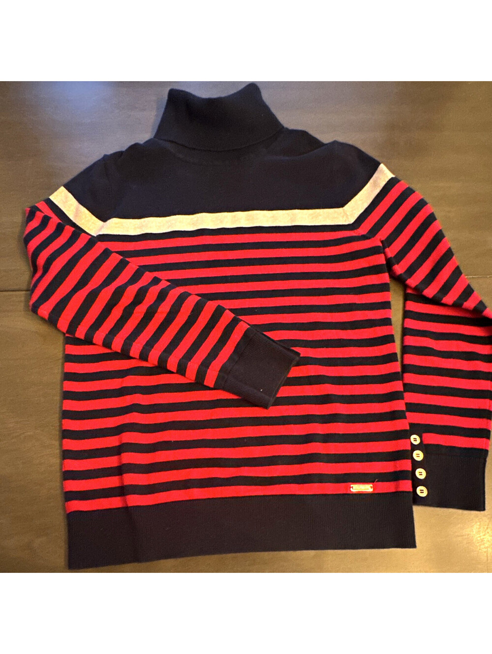 Tommy Hilfiger Women's S/P Striped Turtleneck Knit Sweater Buttons [COPY]